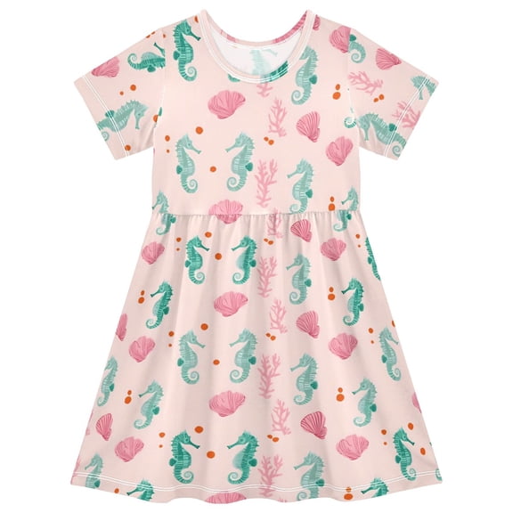 joogoo Cute Seahorses Girls' Short Sleeve Dress Kids Dresses 5-6T