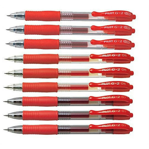 Pilot G2 Retractable Red Gel Roller Ballpoint pens, Assorted Point Sizes (3 x Ultra Fine 0.38, 3 x Fine 0.5, 3 x Medium 0.7)