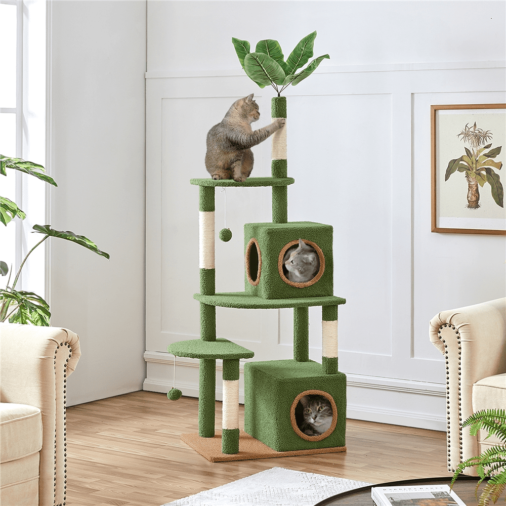 Yaheetech 59'' H Cat Tree Tower with 2 Condos & Scratching Posts, Green/Brown