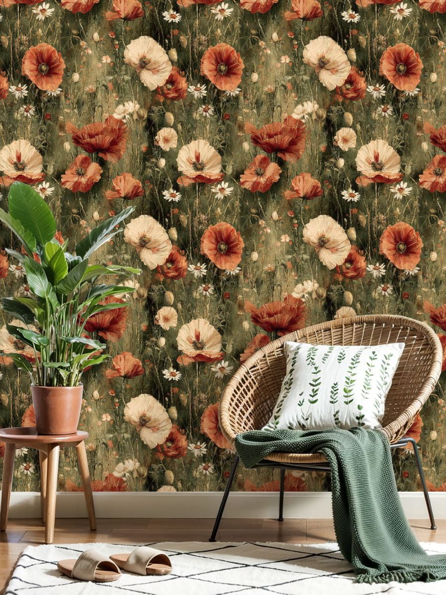Peel and Stick Wallpaper Vintage Flower Field White Red Blooms Wall Mural 17.7in x 9.8ft Self Adhesive Removable Wall Paper Renter Friendly Wallpaper for Nursery Bedroom Cabinets