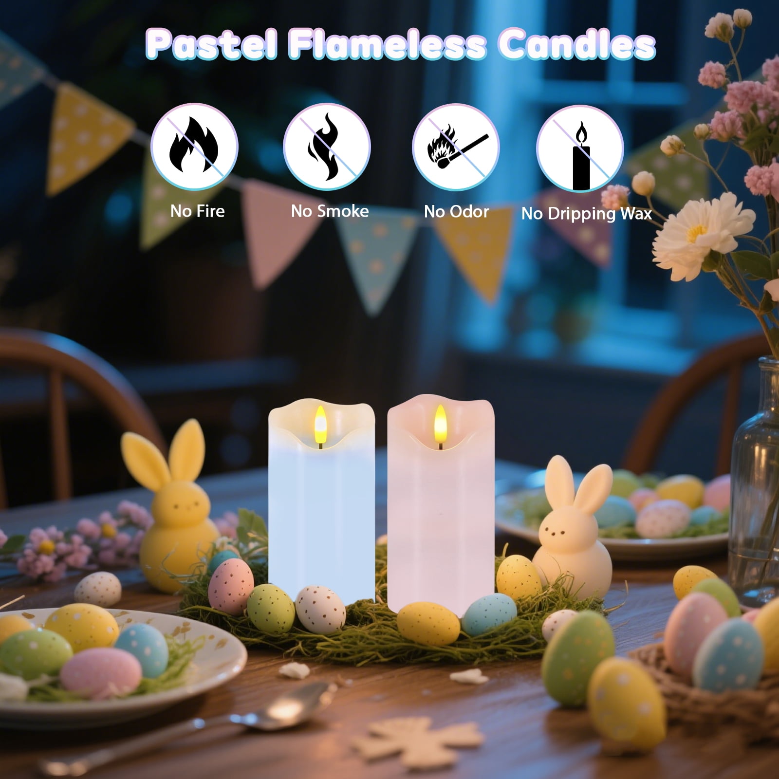 Flameless Candles Light, Set of 2 6"x3" Flickering Pastel Spring LED Candles with Remote & Timer, Dimmable Real Wax Easter Pillar Candles Battery Operated for Home Spring Easter Decor