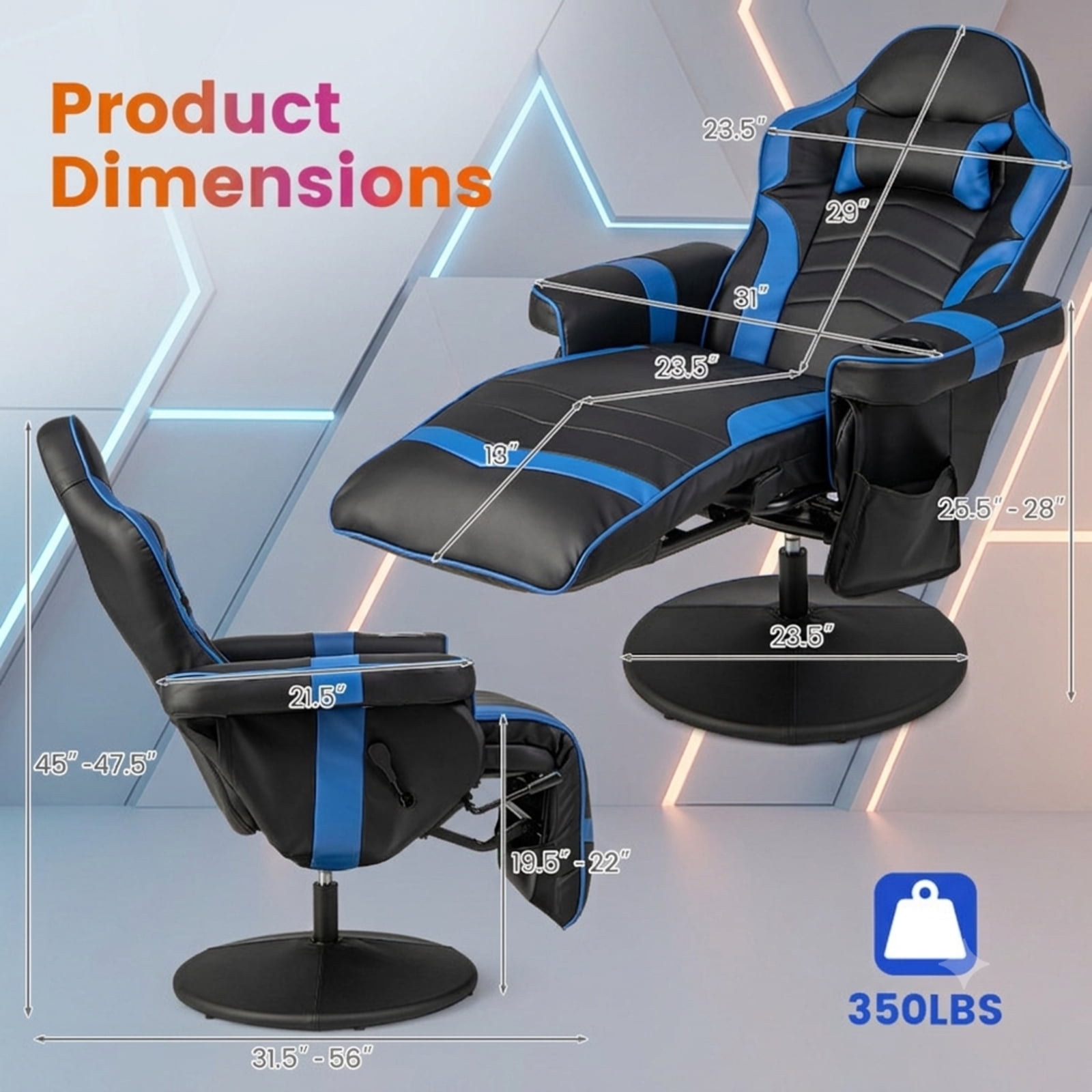 Furnibear Massage Video Gaming Recliner with Reclining Backrest Retractable Footrest Adjustable Height and Side Pocket for Gaming and Office, Blue