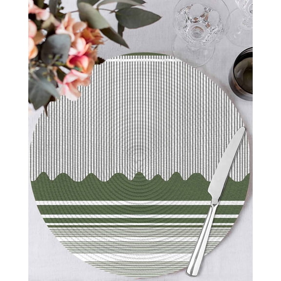 15 Inch Round Placemats Set of 6, Dark Green Striped Non Slip Heat Insulation PP Table Mats, Abstract Modern Geometric Stripes Washable Place Mats for Kitchen Dining Party Table Decor
