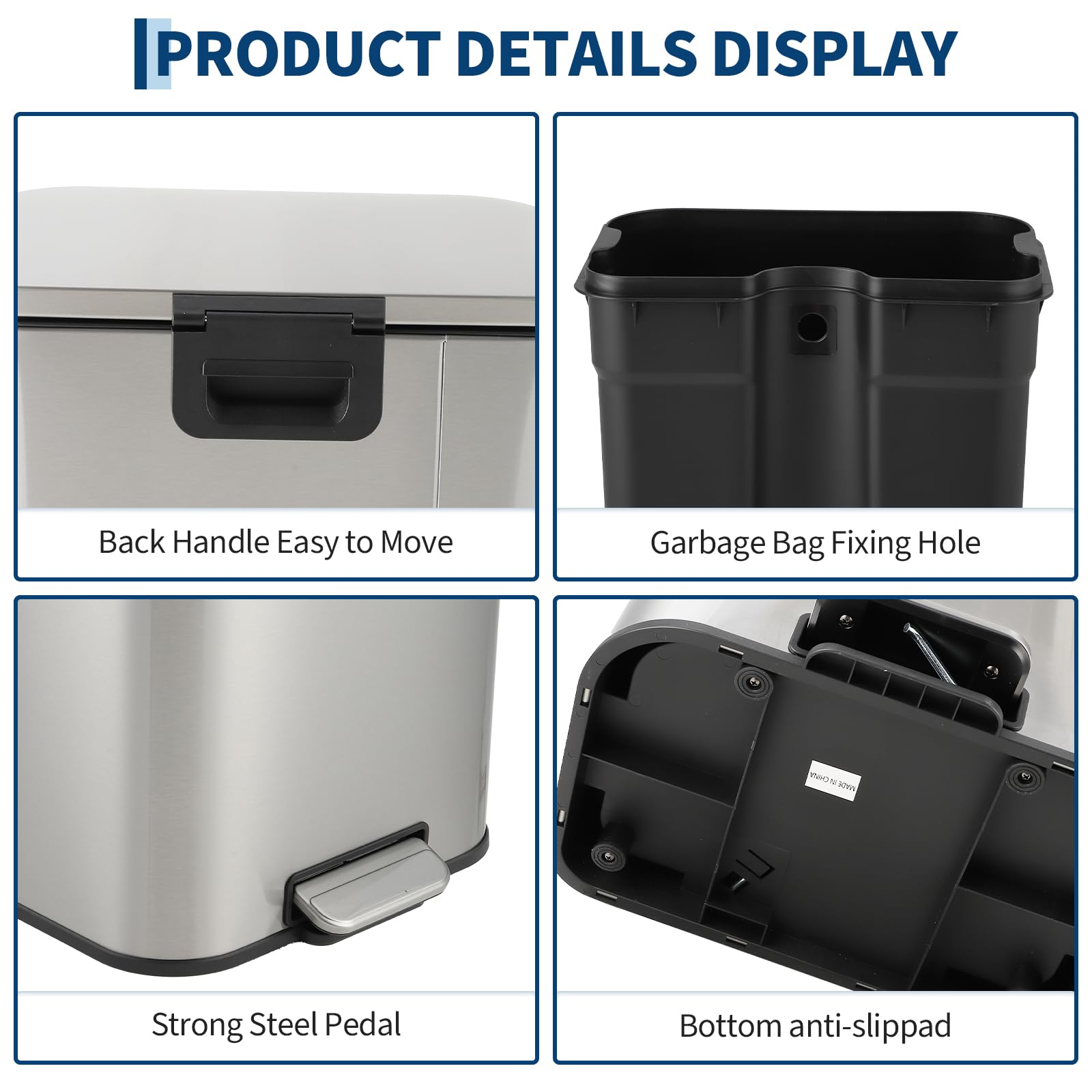5.3 Gallon Stainless Steel Trash Can – Rectangular Garbage Bin with Soft-Close Lid, Foot Pedal, Removable Inner Bucket for Kitchen, Office, Restaurant - Silver