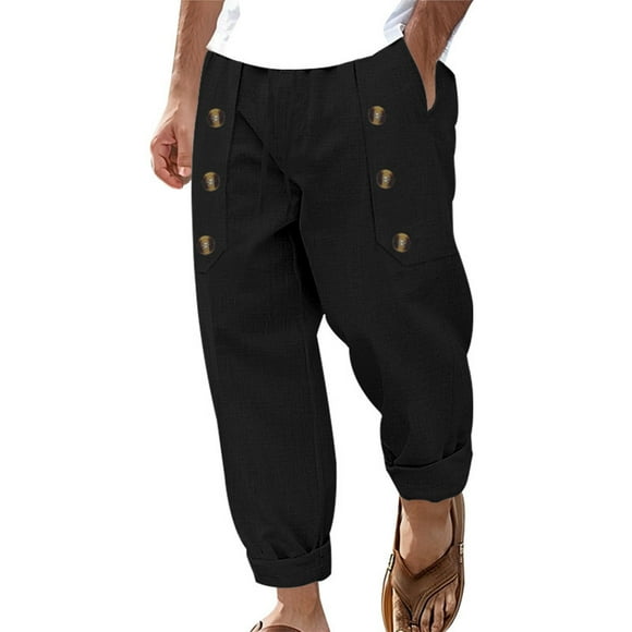 UAMVSH Mens Casual Pants Cotton Linen Button Lounge Pants Elastic Waist Mid Rise Beach Vacation Travel Pants with Pockets(LargeBlack)