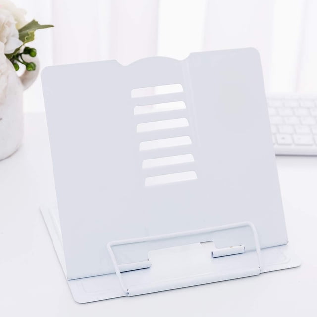Metal Wishacc Adjustable Book Holder Stand Tray and Page Paper Clips-Cookbook Reading Desk Portable Sturdy Lightweight Bookstands-Music Books Textbooks Tablet Cook Recipe (White)