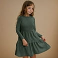 thumbnail image 2 of BiZtdJrK Girls Ribbed Long Sleeve Dress Solid Casual Crewneck A-line Tiered Pullover Midi Dress with Pockets Clothes for Teens, Army Green, 5 Years, 2 of 10