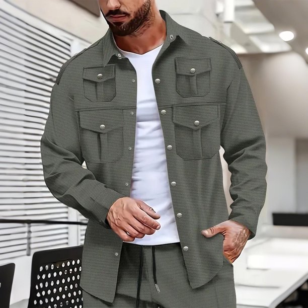 pstuiky Camisas casuales de manga larga para hombre, Chaqueta tipo cárdigan de manga larga con solapa y botones, color liso, para hombre, con múltiples bolsillos tops de invierno para hombre m