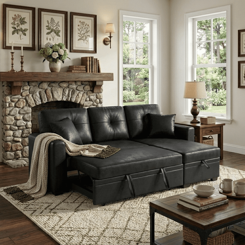 Sleeper Sofa Sectional with Pull-Out Bed – Reversible Chaise + Hidden Storage, Breathable Fabric, L-Shaped Couch for Small Spaces, Convertible Sofa Bed for Living Room