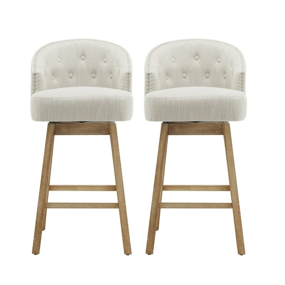 GDF Studio Elegant 360° Swivel Bar Stools with Button-Tufted Backrest & Solid Wood Frame, Set of 2, Natural Beige
