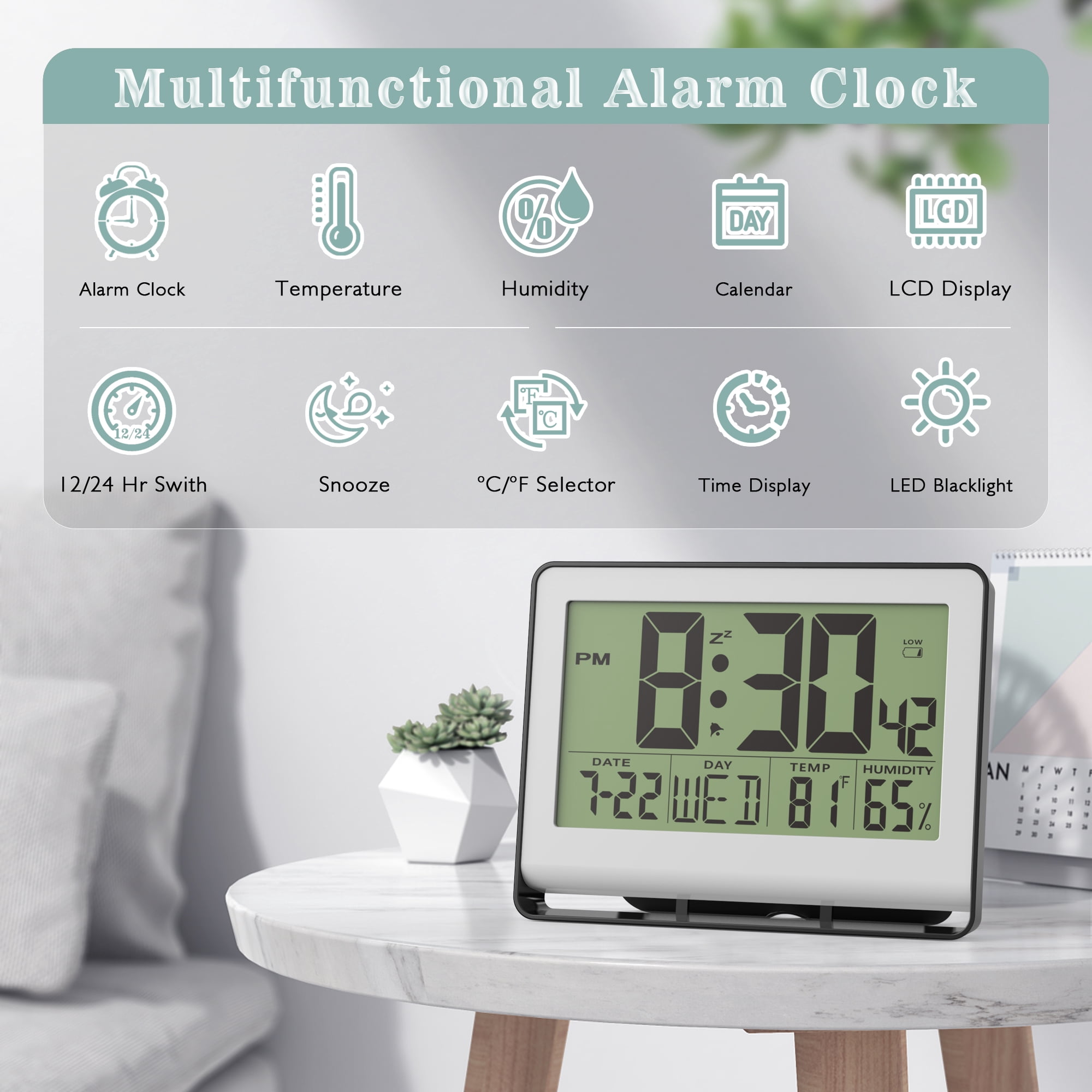Digital Wall Clock with Indoor Temperature and Humidity, Desk Alarm Clock with Date and Blue Backlight