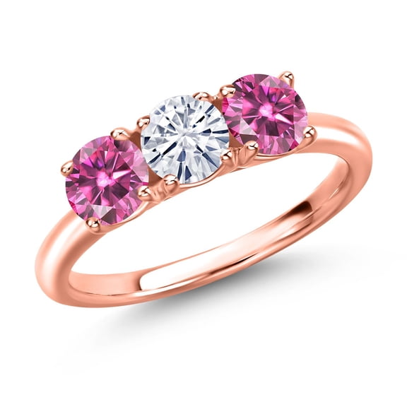 Gem Stone King 18K Rose Gold Plated Silver White Moissanite and Pink Moissanite Engagement Ring for Women | 1.50 Cttw | Round 5MM | Gemstone Birthstone | Size 8