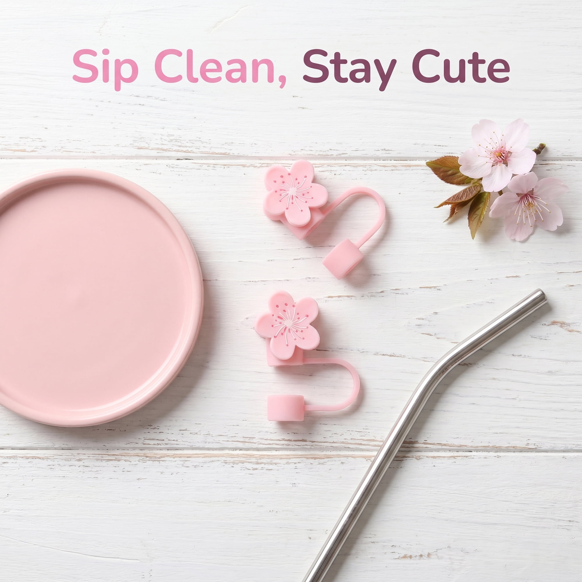 Unique Bargains Floral Silicone Straw Caps Reusable Dust-Proof Toppers Pink D