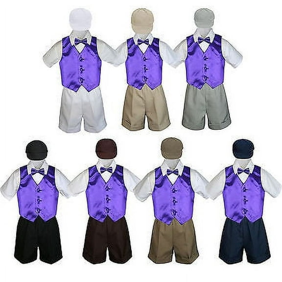 Boy Toddler Formal Purple Vest Bow Tie White Black Gray Brown Hat 5pc Set S-4T