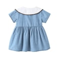 thumbnail image 6 of Mitankcoo Toddler Girls Denim Patchwork Dresses Peter Pan Collar Puff Short Sleeve Dress Casual Summer 6M-4Y, 6 of 8