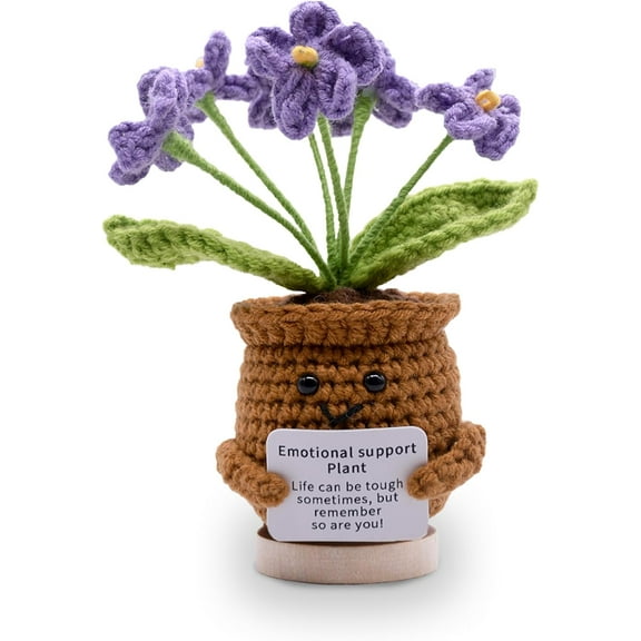 Handmade Crochet Flower Plant Plush - Cute Emotional Support Desk Decoration, Knitted Wool Doll with Inspirational Card for Birthdays Encourage Gifts Purple