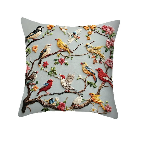 Virelaxpo Imitation Embroidery Birds and Flowers Print Pillow Case, Ultra Soft 17.7x17.7in Cushion Cover for Sofa and Bedroom Decor