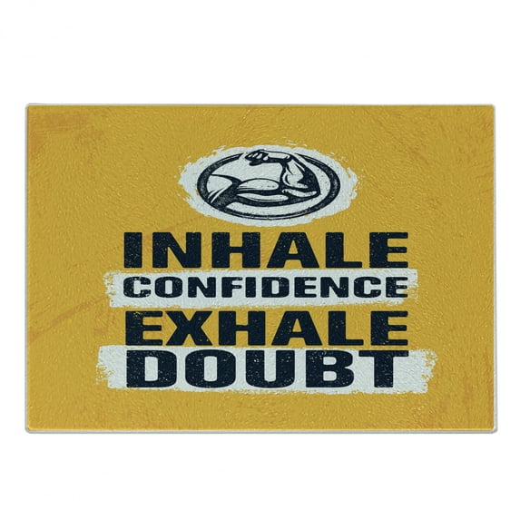 Inhale Exhale Cutting Board, Motivation Words with Muscle Arms Sports Confidence Activity, Decorative Tempered Glass Cutting and Serving Board, Small Size, Earth Yellow Indigo, by Ambesonne