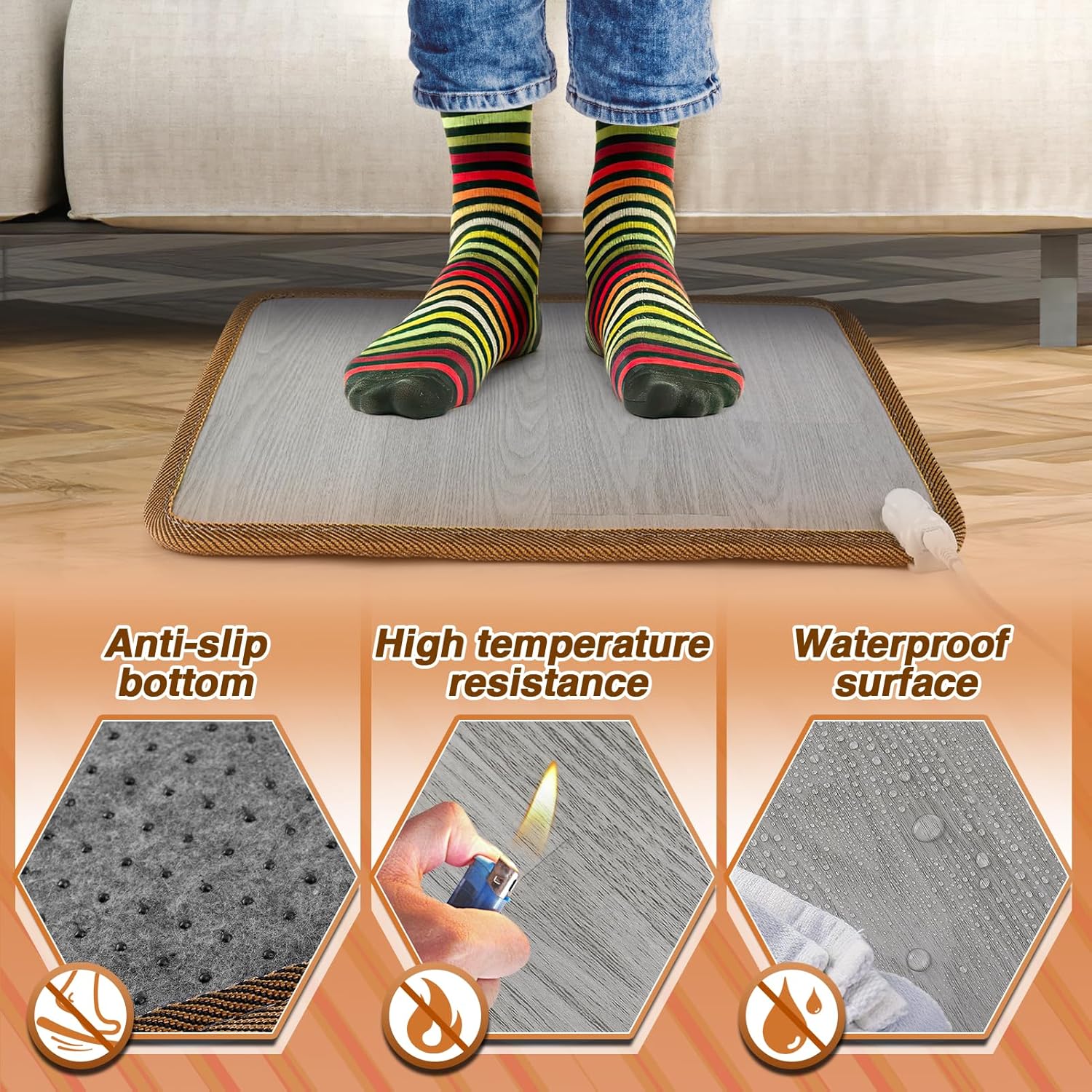 Heated Floor Mat - Foot Warmer Under Desk, 15.7x19.7in Heated Feet Rest for Home Office Desk, Winter 110V Electric Heating Pad with 3 Timers & 10 Adjustable Temperature