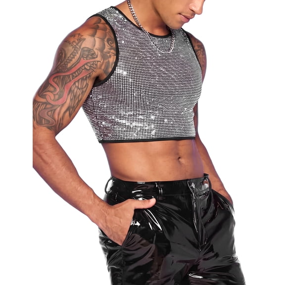 Men's Shiny Metallic Crop Top, Sexy Sleeveless Round Neck Tank Top for Party Music Festival Clubwear, Holographic Shimmer Rave Outfit for Men Silver L