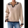 thumbnail image 2 of Suéter Básico con Cuello Alto en V para Mujer, Diseño de Bloques de Color, Moda Invierno Otoño 2025. Caqui XL, 2 of 10