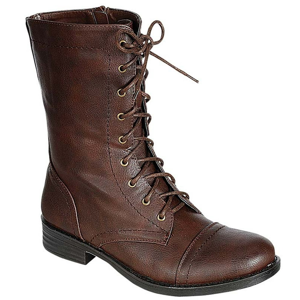 Refresh - Sammy-08 Womens Mid Calf Lace Up Side Zipper Combat Military Construction Boots Brown