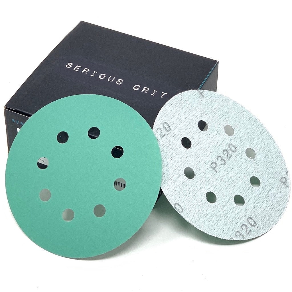 Serious Grit 5Inch 8Hole 320 Grit Sanding Discs HeavyDuty Hook & Loop VelcroBacked Film