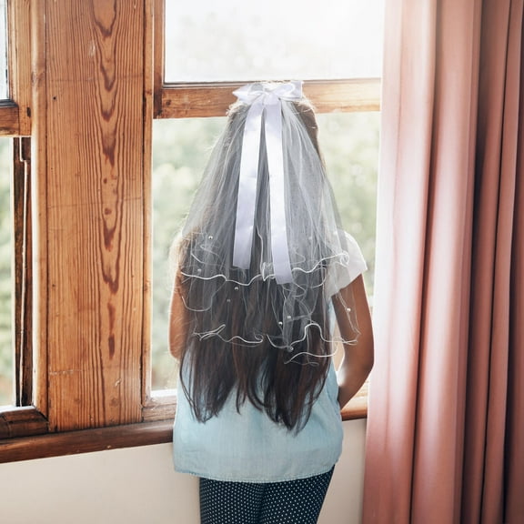 WHAMVOX 1PC Double-layer Mantilla Wedding Dress Veil White Fabric Bowknot Style for Bride