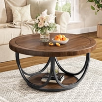 Fimind Round Coffee Table, 35.4" 2-Tier Wooden Circle Accent Cocktail Table with Storage Shelf and Industrial Metal Frame for Living Room, Brown & Black
