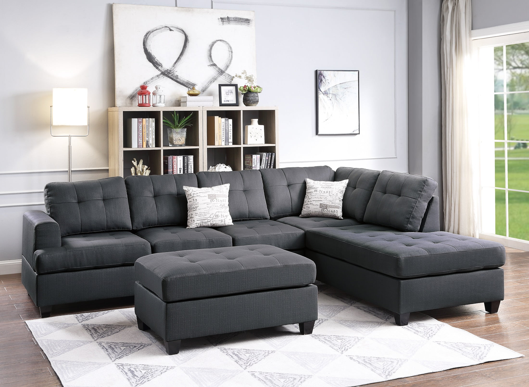 Ebony Reversible L/R Sectional Sofa set Microfiber Cushion Chaise Sofa