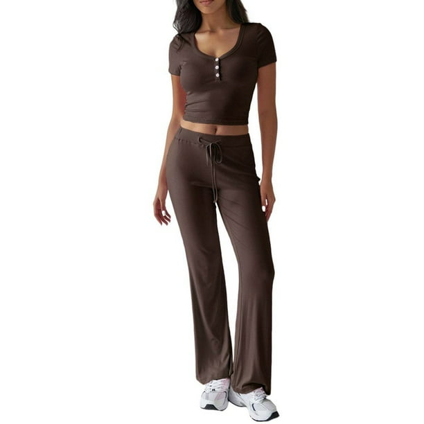 Conjunto de punto de 2 piezas para mujer: camiseta con cuello en V y pantalones largos. Estilo deportivo y desenfadado para las estaciones cálidas.