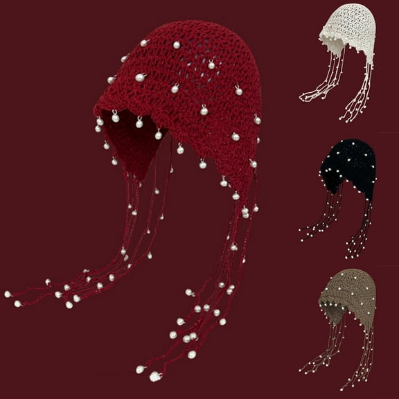 UTSJKR Women's Boho Handmade Crochet Hat Y2k Pearl Beanie Fashion Hollow Out Summer Travel Cap with Tassel Black