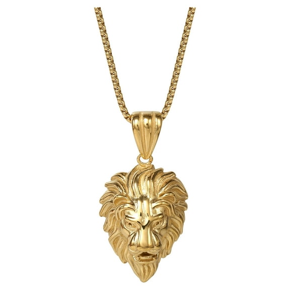 Brilliance Fine Jewelry Men's Stainless Steel Yellow Gold-Plated Lion Pendant Necklace, 22" Chain