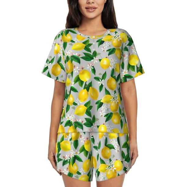 Fotbe Lemon1 Conjunto de Pijama Estampado para Mujer, 2 Piezas, Ropa de Dormir con Camiseta de Manga Corta y Shorts Suaves-Medium