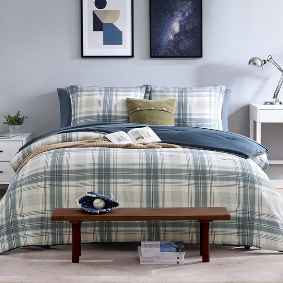 Catami Reversible Checkered Design 5-piece Bed in a Bag Comforter Set with Sheets,Blue Grey,Twin XL