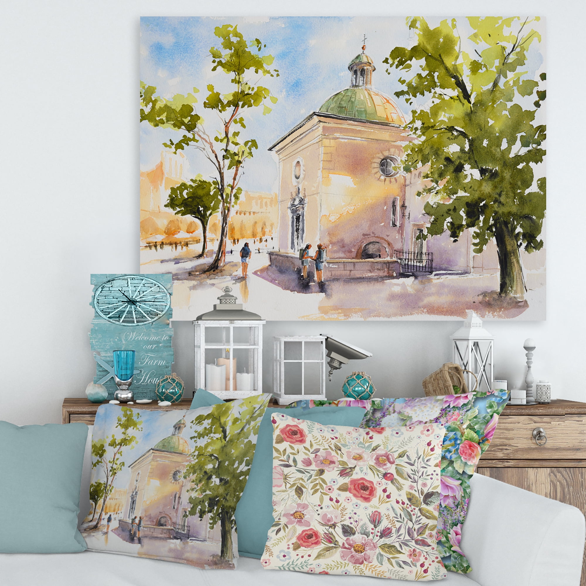 People At Rustic Church In The Village 8 in x 12 in Painting Canvas Art Print, by Designart