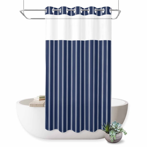 No Hook Shower Curtain, Navy Blue Striped Shower Curtains for Bathroom with See Through Top Window, Navy Blue White Farmhouse Stripes Waterproof & Washable Bath Curtain Stand Up Stall 36"x72"