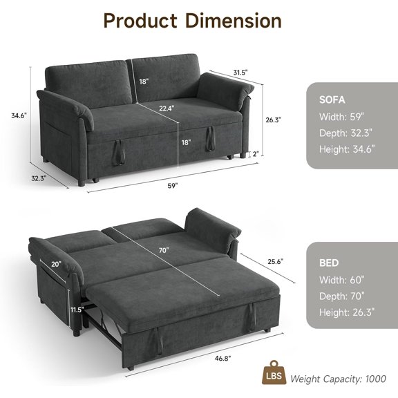 3 in 1 Pull Out Couch, 59 Inch Convertible Sleeper Sofa Bed with Adjustable Backrest, Side Pockets, Small Sofa for Living Room & Bedroom, Black