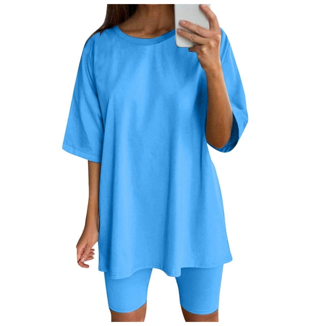 Womens Two Piece Outfits Short Sleeve Tops Short Pants Running Yoga Sport Sets