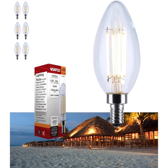 Satco S12157 LED B11 Light Bulbs 4.5W 120V 3000K E12 Candelabra Base Dimmable WET Location (6 Pack)