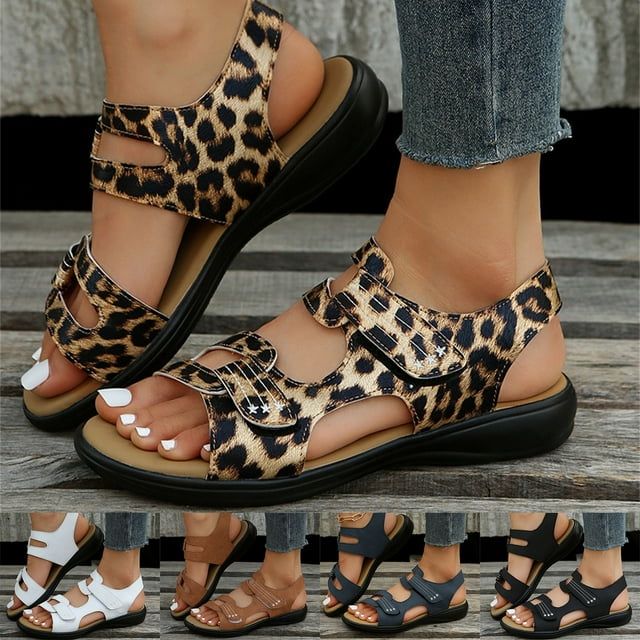 TrendOFT Sandales Pour Femmes Casual Ladies Fashion Summer Leopard Print Leather Open Toe Hook Loop Sandales Plateforme Pour Femmes Brown 37