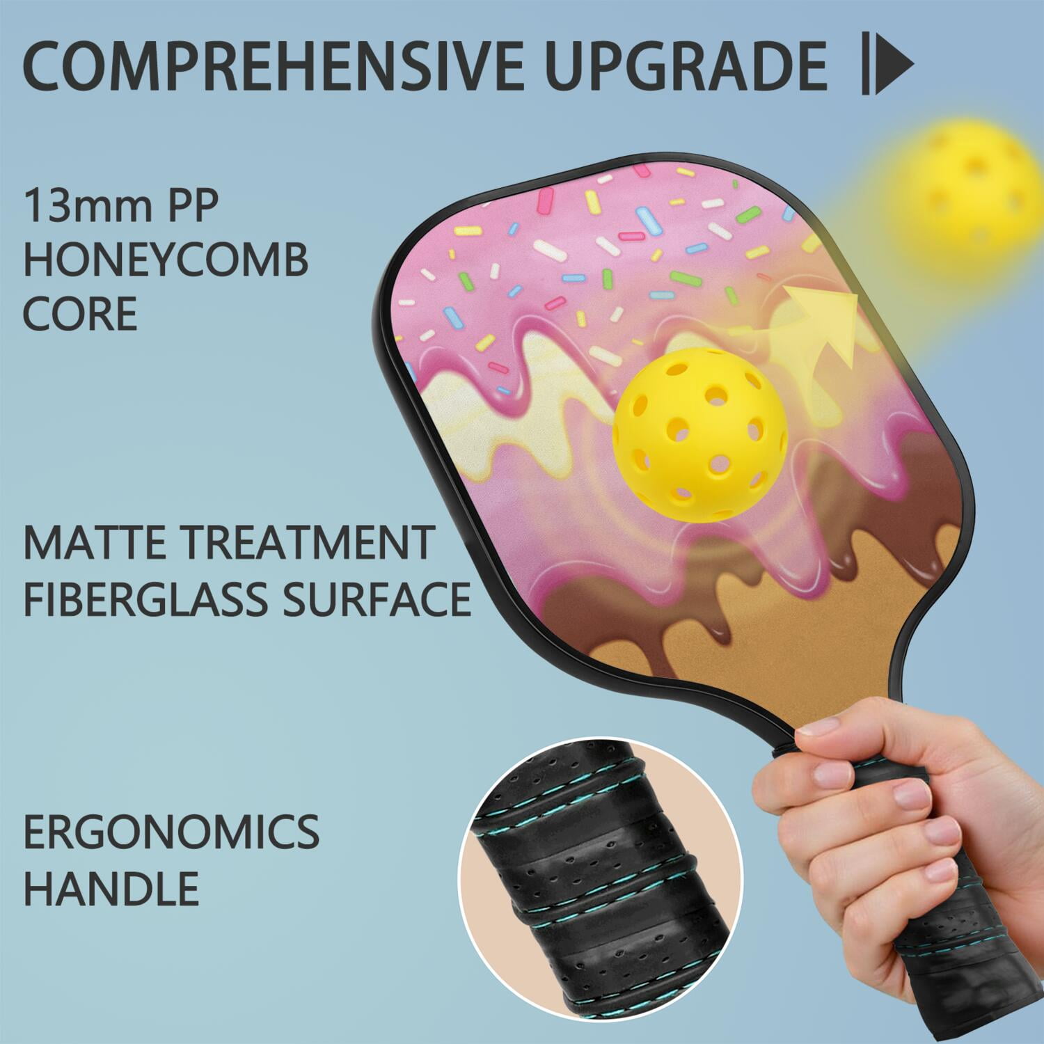 Pickleball Paddles Set Of 1, Fiberglass Surface, Sweet Candy Print, 1 Paddle, 2 Balls & Bag