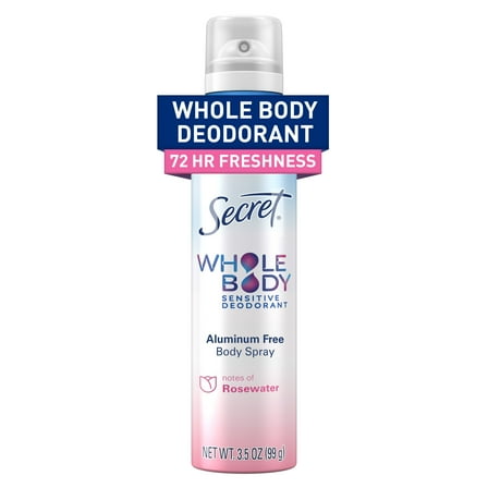 Secret Whole Body Deodorant Spray for Women, Rosewater Scent, Aluminum Free Deodorant Stick, 72 HR Odor Protection, 3.5oz