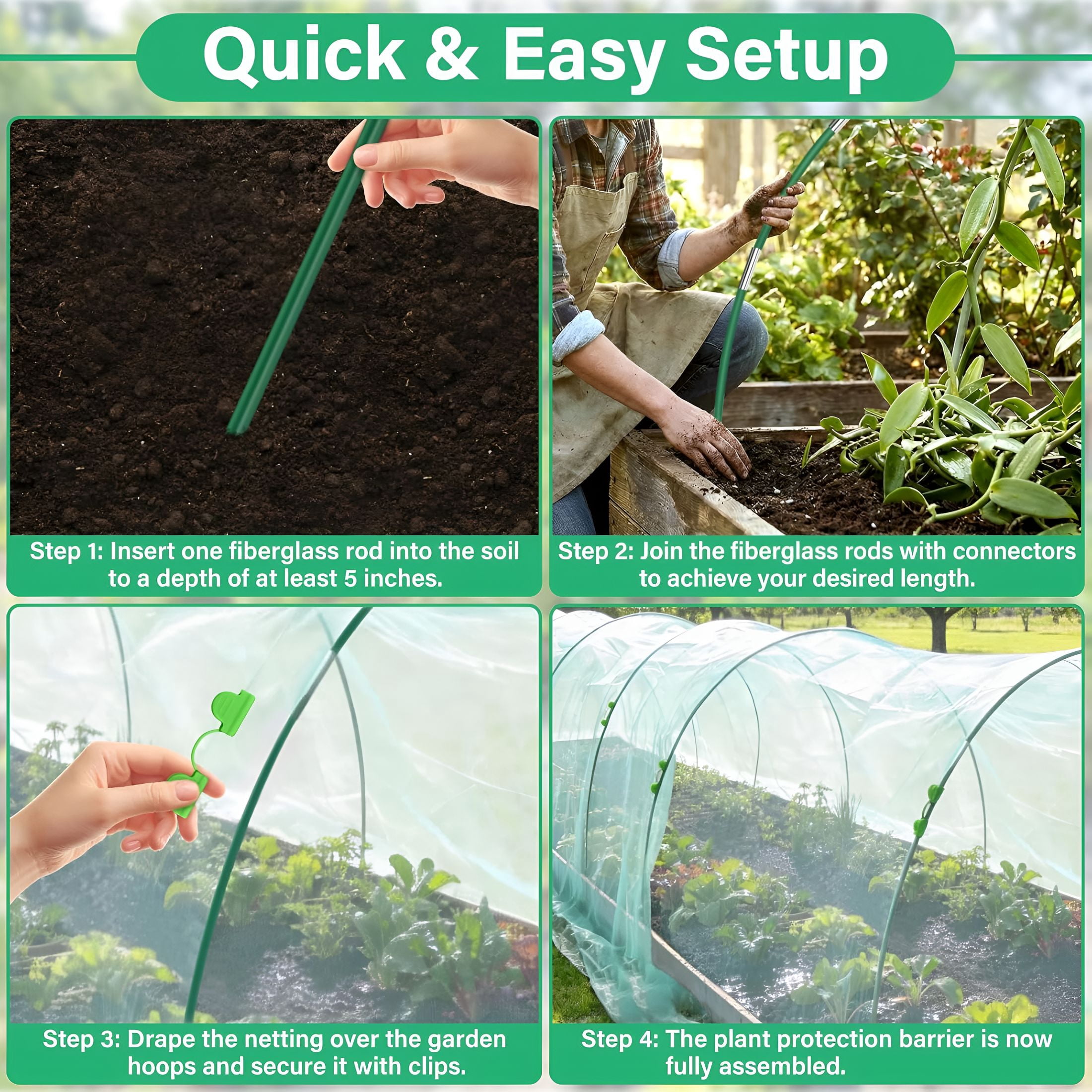 XIBUFE Garden Mesh Netting Kit for Raised Beds,10X33Ft Ultra Fine Mesh Netting&6 Sets 8Ft Fiberglass Garden Hoops,Insect Netting Row Cover,Pest Barrier Protection for Vegetable Fruits Flowers