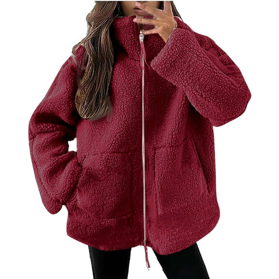 Gamivast Womens Fuzzy Fleece Jackets Sherpa Oversized Full Zip Stand Collar Winter Outerwear Soft Long Sleeve Drop Shoulder Coats with Pockets Comfortable Cold Weather Clothes