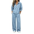 thumbnail image 2 of Bzdzmqm Women's 2 Piece Tracksuit Set Casual Collared Long Sleeve Suit Solid Loose Fit Lounge Outfits Zip-Up Jacket with Pants Elastic Waist Drawstring Comfortable Daily Wear Fall Travel, Light Blue, 2 of 8