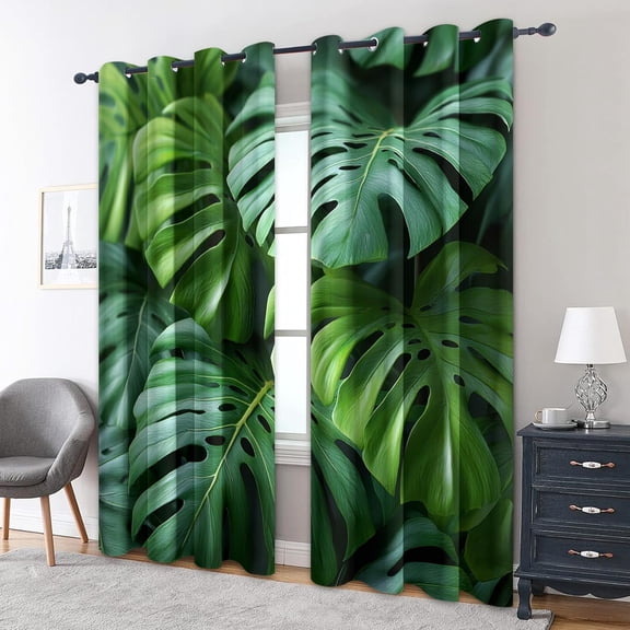 Monstera Curtains Blackout - Tropical Plant Green Leaf Curtains, Monstera Window Curtain for Bedroom, Living Room, Thermal Insulated Grommet Drapes-38"W x 45"L(Pack of 2)