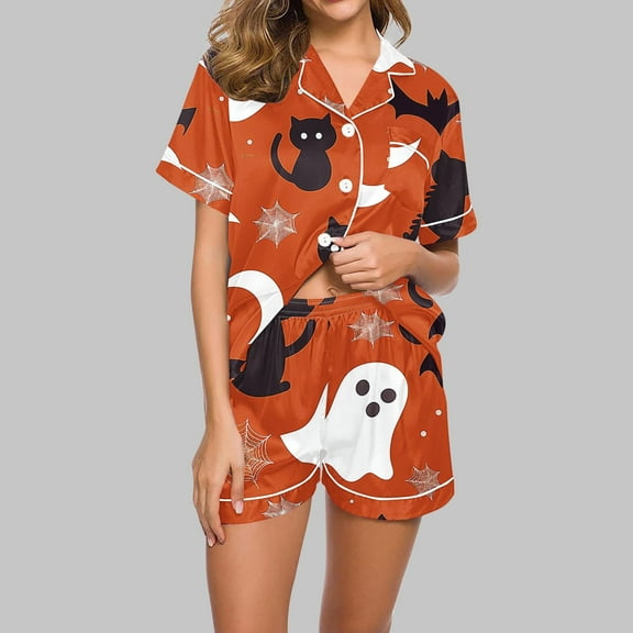 Nrmvnmi Halloween Pajamas Sets For Women Halloween Graphic Prints Sleepwear Sets Flip Collar Short Sleeve Button Tops And High Elastic Waist Shorts Soft Breathable Loungewear Sets
