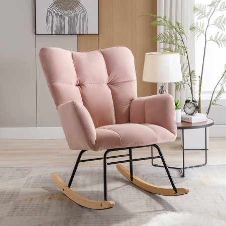 Nursery Rocking Chair, Modern Teddy Fabric Nursing Chair for Mom and Baby, Accent Upholstered Rocker Glider Chair with High Backrest for Nursery Bedroom Living Room (Ivory White)