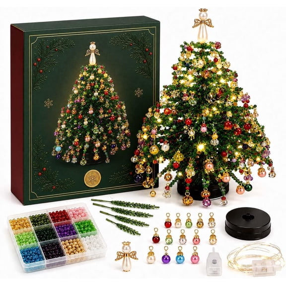 DIY Beaded Christmas Tree Kit, Crystal Holiday Craft Set for Adults Colorful Beads, Ornament Charms, Warm Lights,Holiday Gift